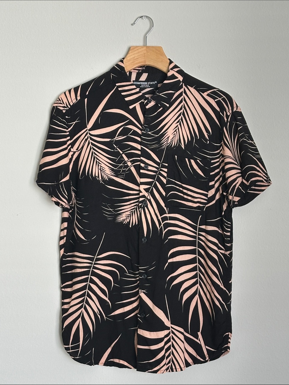 Men’s Black Short-Sleeve Palm-Print Button Down Shirt - Casual